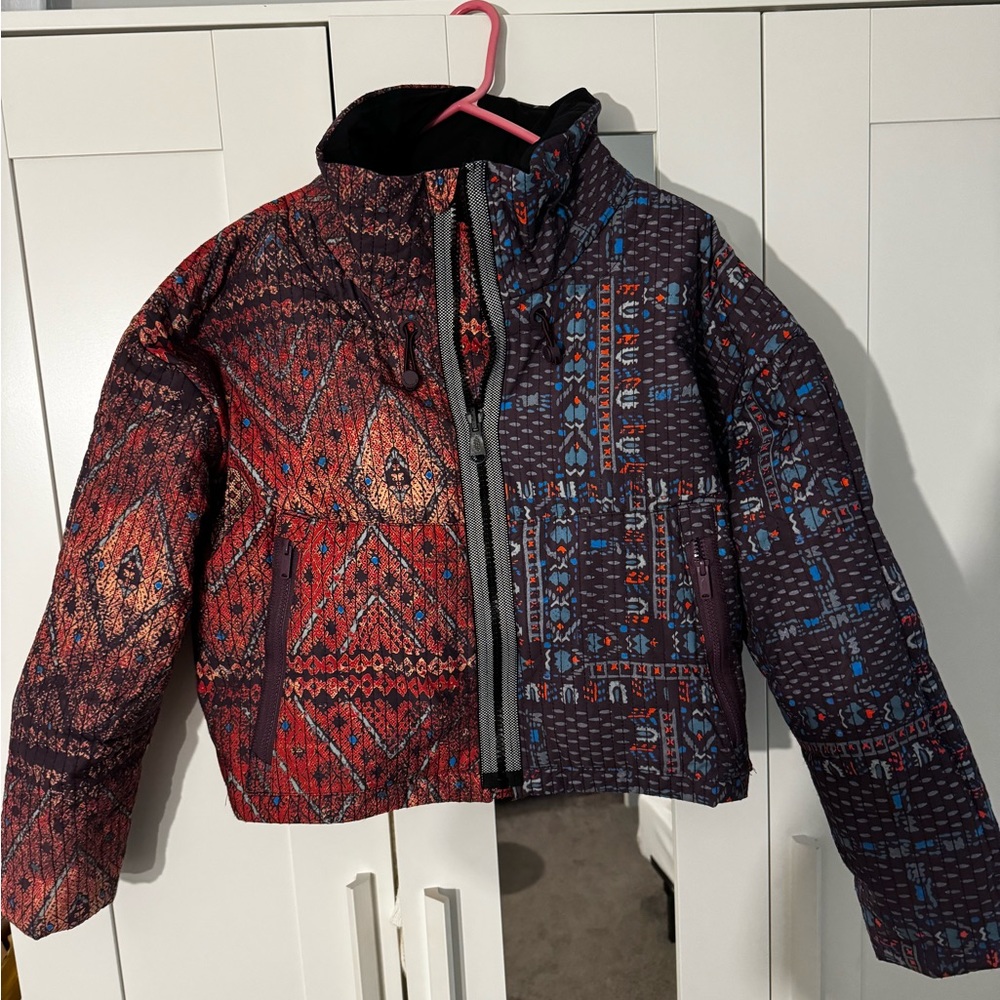Free People Quilted Zip-Up Jacket in Red and Navy Pattern